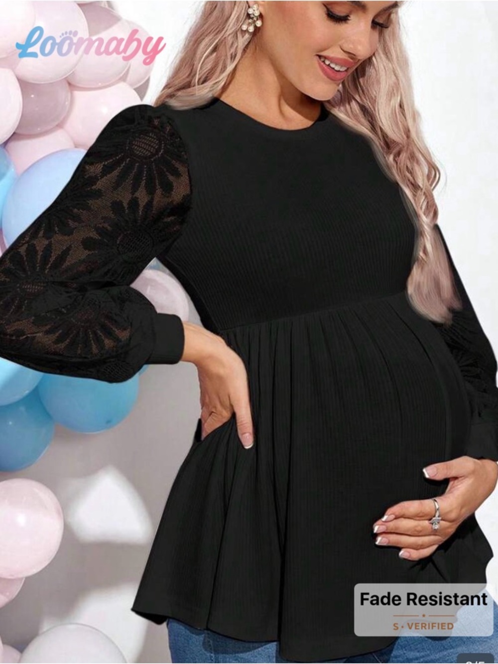 Black Maternity Peplum Dress with Lace Sleeves